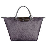LONGCHAMP 經典Le Pliage®鱷魚紋牛皮鑲邊絨布手提包(中.槍銅)