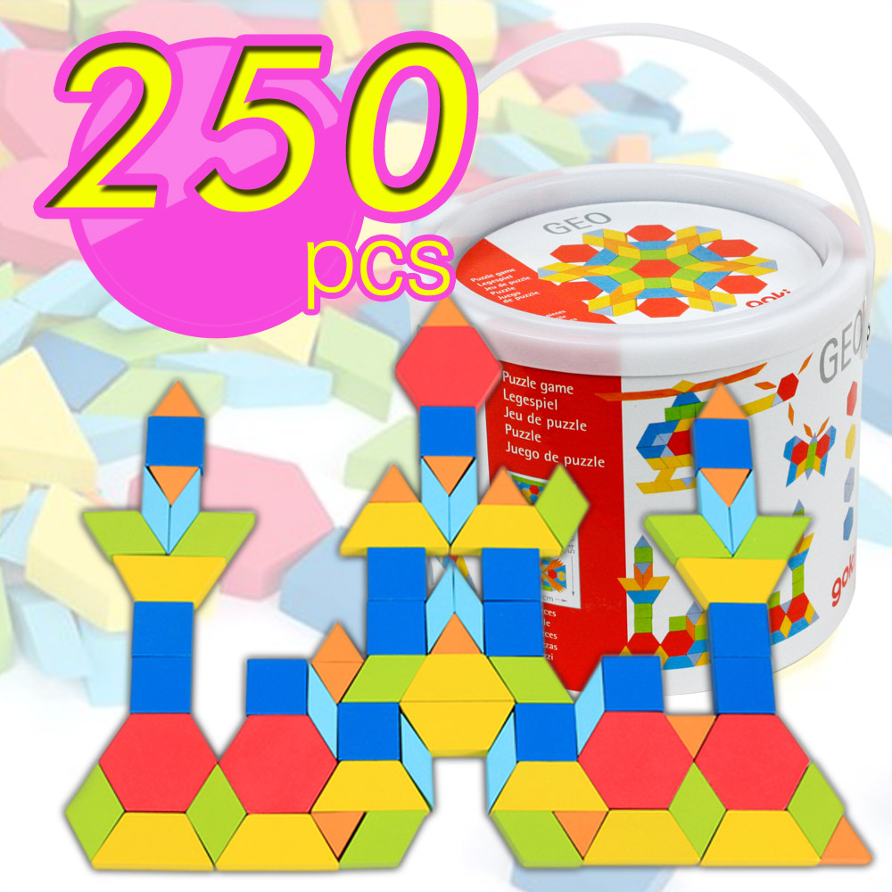 【funKids】兒童木製-繽紛幾何百變益智積木250PCS桶裝組