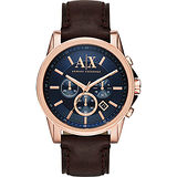 A│X Armani Exchange 探險家三眼計時腕錶-藍x玫瑰金框/44mm AX2508