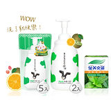 【潤波】1/2全脂牛奶制菌泡泡沐浴慕絲(850ml*2瓶+700ml補充包*5包)-(綠)+【金美克能】洗髮粉(3g*10包/盒)