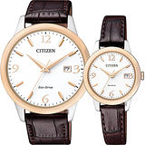 CITIZEN 星辰 光動能簡約對錶-玫瑰金圈x咖啡/40+27mm BM7304-16A+EW2234-12A