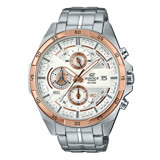 EDIFICE CASIO★贈皮錶帶 / EFR-556DB-7A / 卡西歐多層次計時三環日期防水不鏽鋼手錶 銀白x玫瑰金框 45mm