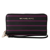 MICHAEL KORS Jet Set 銀logo皮革條紋拉鍊手拿零錢包(黑紫)