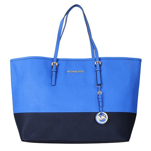 MICHAEL KORS Jet Set Travel 金logo雙色防刮皮革手提/肩背包(藍/深藍)/大