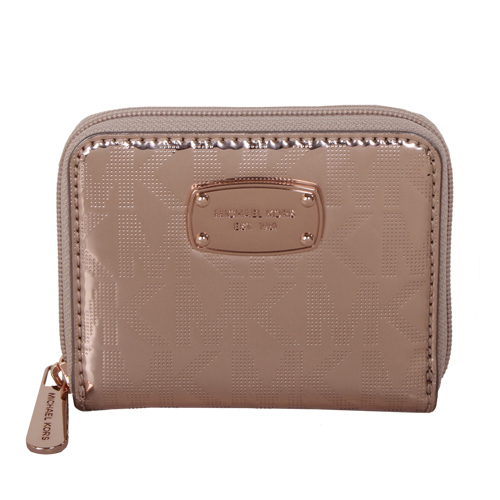 MICHAEL KORS Zip Around Bifold 金logo漆亮皮革拉鍊短夾(玫瑰金)