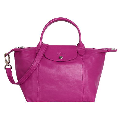 LONGCHAMP- 小羊皮短把摺疊包-附背帶(仙客來紫紅色)(S)
