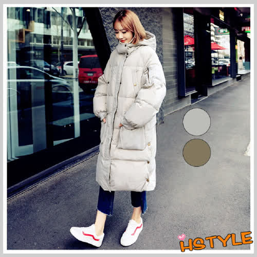 開叉加厚連帽羽絨長外套