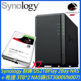 Synology 群暉 DS218Play 網路儲存伺服器 + 希捷 那嘶狼 3TB NAS碟 * 2