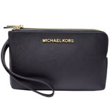 【Michael Kors】立體金字防刮皮革撞色雙層拉鍊手拿包(黑/白)