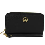 MICHAEL KORS 圓形金LOGO荔枝皮革手提式拉鍊中長夾.黑