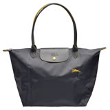 LONGCHAMP 經典Collection系列刺繡摺疊暗釦/拉鍊長提把尼龍水餃包(大-鐵灰色)