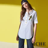 ICHE 衣哲 時尚直紋印花五分袖拼接長版襯衫上衣-藍