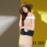ICHE 衣哲 時尚唯美一字領細肩挺印花拼接撞色造型上衣-米
