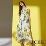 ICHE 衣哲 時尚美感高腰滿版印花無袖長版洋裝-黃