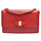 Salvatore Ferragamo 金屬LOGO羅緞Vara蝴蝶結防刮牛皮壓釦手拿/斜背包(紅色)