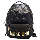 MOSCHINO 經典菱格紋縫線金色LOGO軟尼龍牛皮飾邊後背包(大-黑)