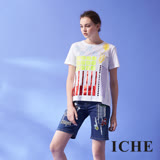 ICHE 衣哲 幾何印花拼貼100%百分百高磅純造型上衣-白