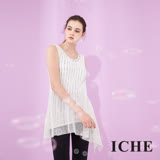 ICHE 衣哲 兩件式不規則傘擺設計無袖長版針織印花造型上衣-白