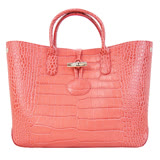 LONGCHAMP Roseau Croco系列鱷魚紋小牛皮金屬竹節鎖扣托特包(口紅色)