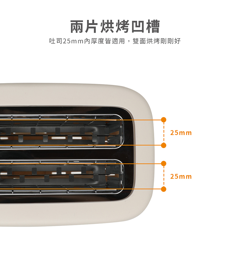兩片烘烤凹槽 吐司25mm內厚度皆適用,雙面烘烤剛剛好 