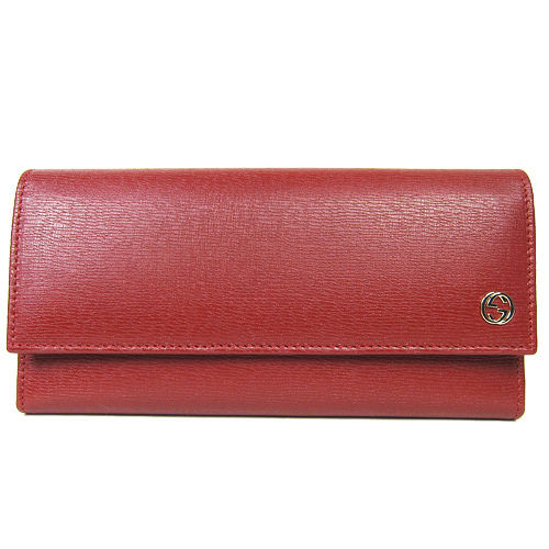 GUCCI LOGO飾邊圓點內裡皮革翻釦長夾(紅)