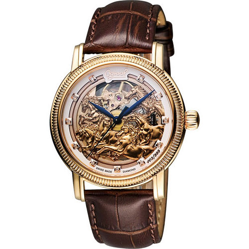 Ogival 愛其華 馬年限量真鑽鏤空機械腕錶-玫塊金x咖啡 358.88AGR皮