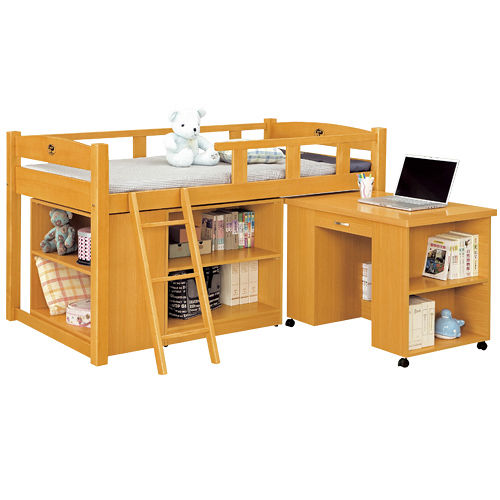 HAPPYHOME 貝莎3.8尺檜木色功能組合床組193-7(不含床墊-含收納櫃-活動書桌-床架)