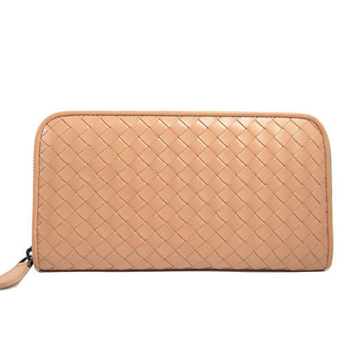BOTTEGA VENETA 純手工羊皮編織小羊皮拉鍊長夾.粉膚(亮面)