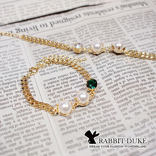 【Rabbit Duke】經典歐美風格 個性珍珠拼接寶鑽設計氣質款手鍊