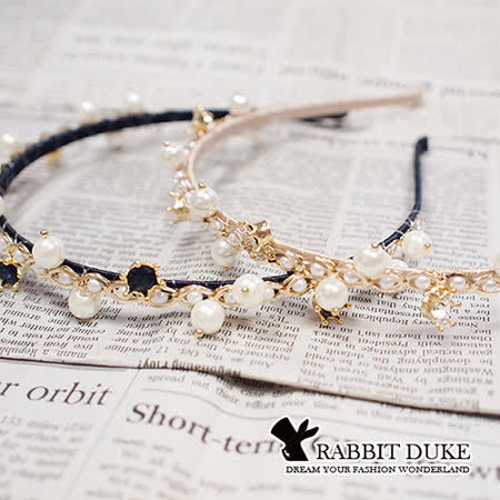 【Rabbit Duke】經典歐美風格 個性珍珠皇冠小鑽拼接設計髮箍