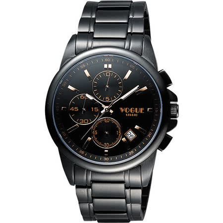 VOGUE 嶄新系列三眼計時腕錶-IP黑x玫塊金時標 9V1407-251D-YG