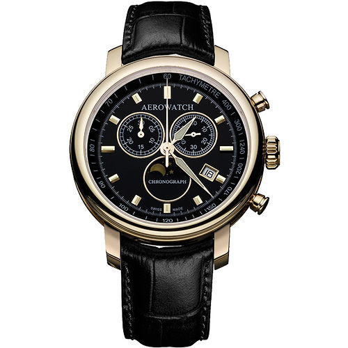 AEROWATCH Rhein 經典三眼計時腕錶-黑x金框 A84936RO01