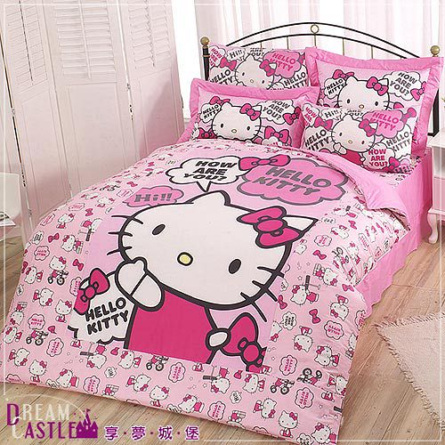 【享夢城堡】HELLO KITTY嗨~你好嗎系列-雙人四件式床包兩用被組(粉)
