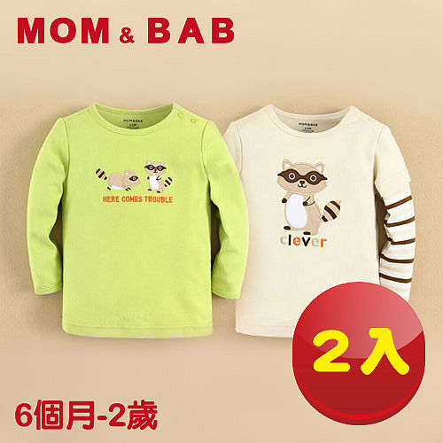 (購物車)【MOM AND BAB】頑皮小狸貓純棉長袖上衣(兩件組)(6M-24M)
