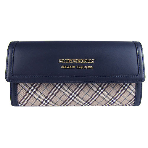 BURBERRY 藍標金屬LOGO斜格紋翻蓋長夾(深藍)