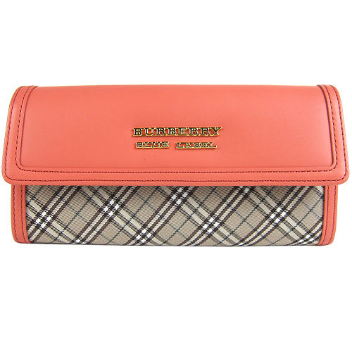 BURBERRY 藍標金屬LOGO斜格紋翻蓋長夾(粉橘)