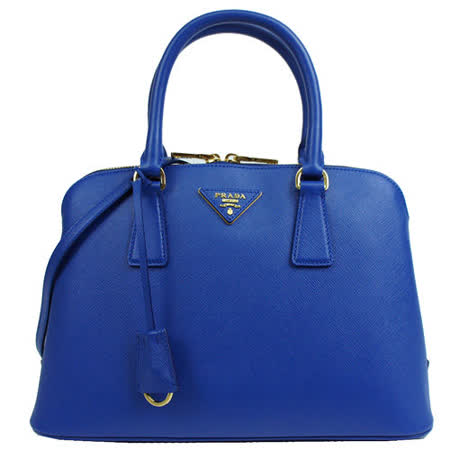 PRADA Saffiano Lux經典三角LOGO防刮牛皮三層磁釦手提/斜背包(寶藍)