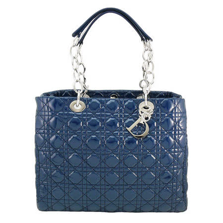 DIOR 經典Lady dior方型漆皮鏈帶購物包(藍)