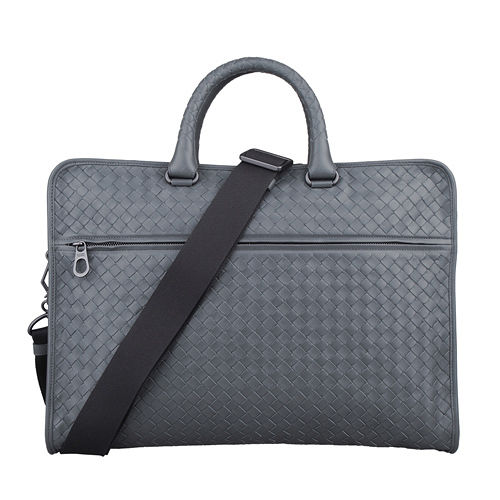 BOTTEGA VENETA 經典小羊皮編織拉鍊手提/斜背公事包(灰)