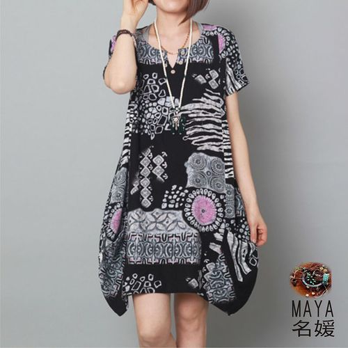 【Maya 名媛】現貨-(藍XL) 薄棉麻立體 圓體連衣裙洋裝-復古文明圖案