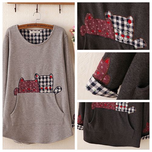 【Maya Collection】貓咪的好朋友刺繡貼布加絨長版上衣