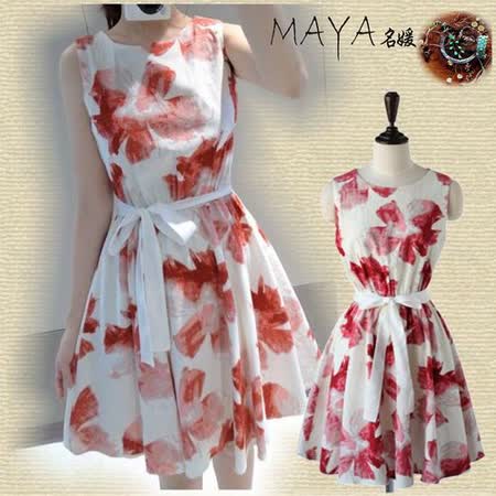 【Maya 名媛】現貨-(紅花2XL)亞麻親膚 都會麗人 夏季必備 水墨彩花款 無袖小洋裝 連衣裙
