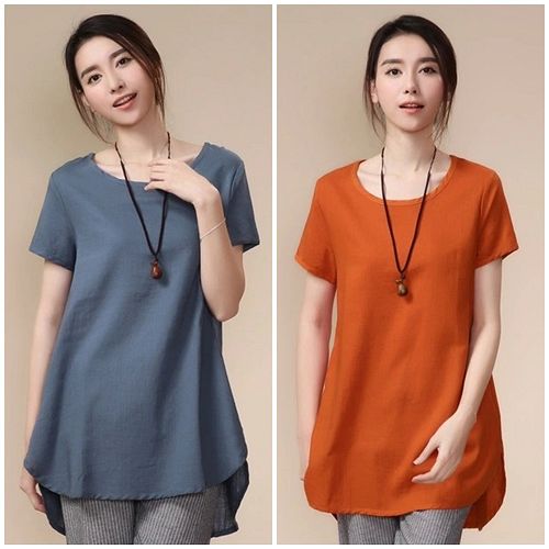 MIDORI╭。綠
純色棉麻短袖上衣