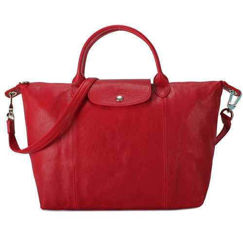 Longchamp Le Pliage Cuir小羊皮短把折疊中型水餃包-紅色