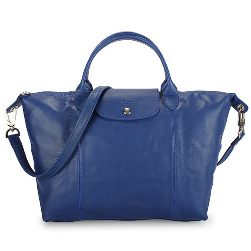 Longchamp Le Pliage Cuir小羊皮短把折疊中型水餃包-藍色