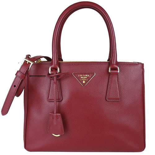 PRADA Saffiano Lux防刮牛皮雙拉鍊手提/斜背兩用殺手包(中/酒紅)