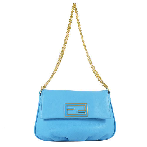 FENDI 經典金屬雙F LOGO皮革金鍊兩用晚宴包/手拿包.藍