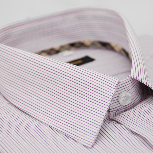 經典格紋繞領紫粉條紋短袖襯衫
