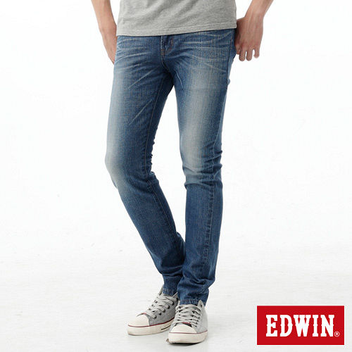 EDWIN 窄直筒EDGE假袋蓋牛仔褲-男-石洗藍