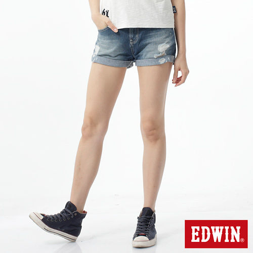 EDWIN MISS503磨破牛仔短褲-女-拔洗藍
